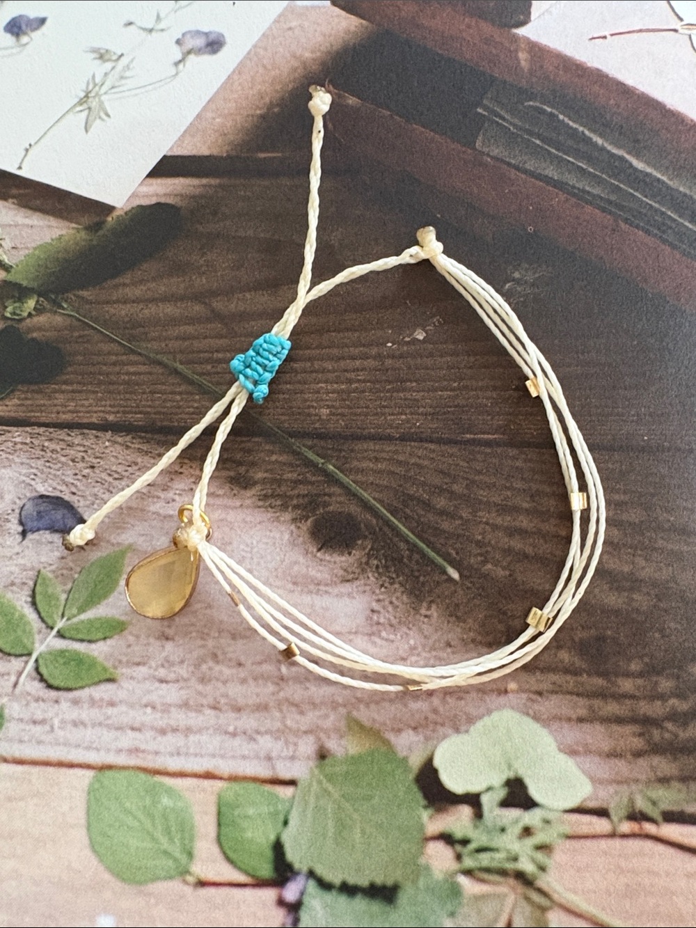 Hand Crafted Waxed Cord Adjustable Bracelet with Gold Toned Teardrop Charm